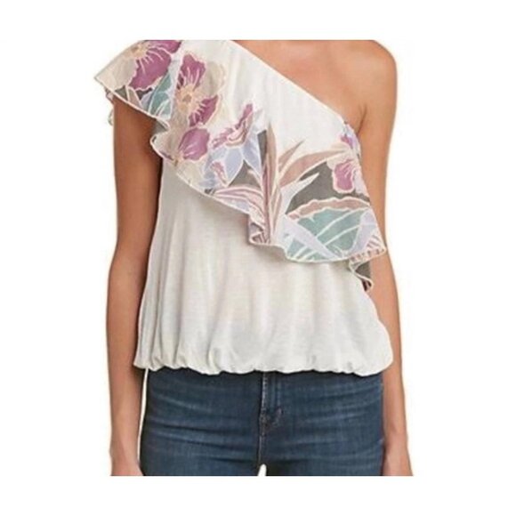 Free People One Shoulder Top Womens Small White Floral Ruffle Boho Asymmetrical‎ - Picture 2 of 13